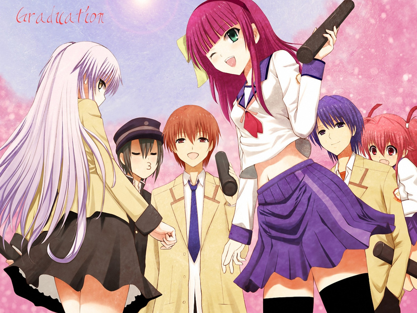 angel_beats! blush cherry_blossoms green_eyes green_hair group hat hinata_hideki nakamura_yuri naoi_ayato orange_hair otonashi_yuzuru pink_hair purple_hair red_eyes redhead seifuku skirt tachibana_kanade tenshi thigh-highs tie violet_eyes white_hair wink yellow_eyes yui_(angel_beats!)