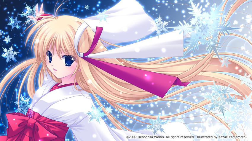 blonde_hair blue_eyes japanese_clothes long_hair miko original raidou_nazuna snow winter yamamoto_kazue