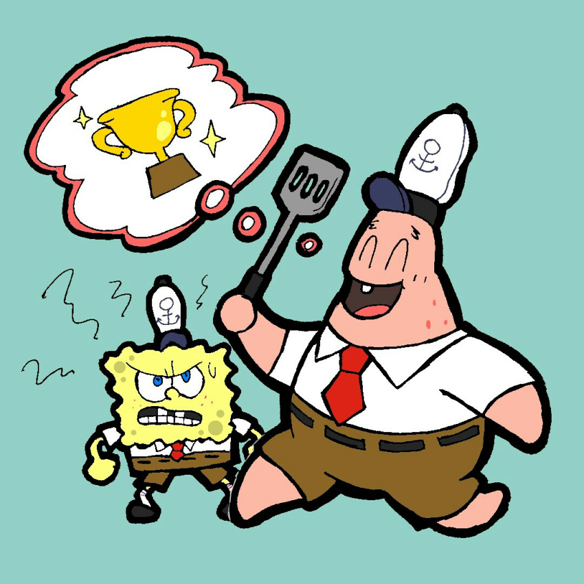 1:1 accessory angry anthro aquatic asterozoan belt bottomwear brown_bottomwear brown_clothing brown_pants clothing cosplay duo echinoderm eyes_closed happy isakiv male necktie nickelodeon open_mouth pants patrick_star sea_sponge shirt simple_background spongebob_squarepants spongebob_squarepants_(character) starfish topwear white_clothing white_shirt white_topwear