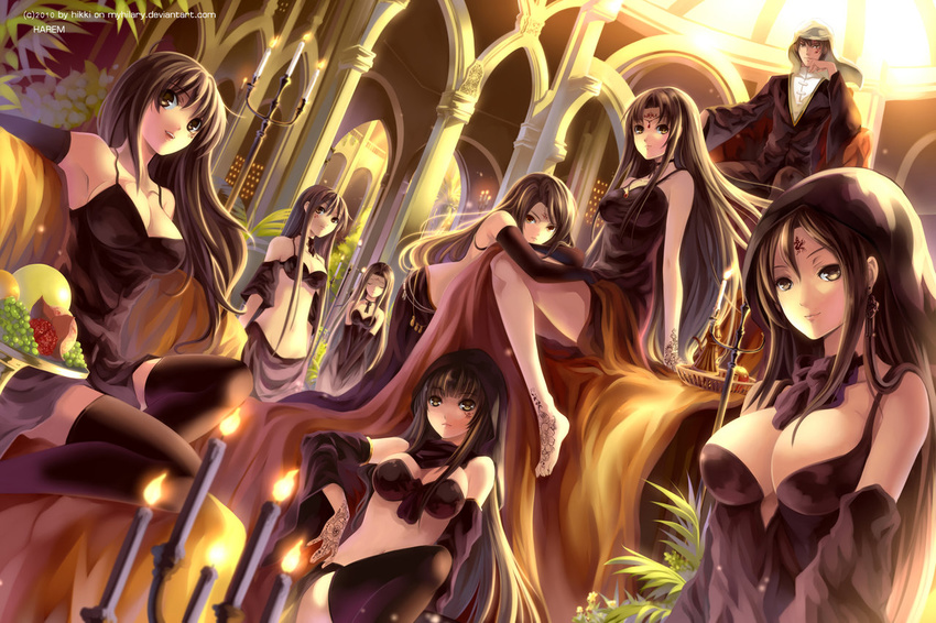 babes big_breasts black_hair breasts brown_eyes brown_hair candles chapel church clothes dress earrings fire formal formal_clothes fruits gown group harem head_ornament legs long_hair neck_band original tattoes thigh-highs women