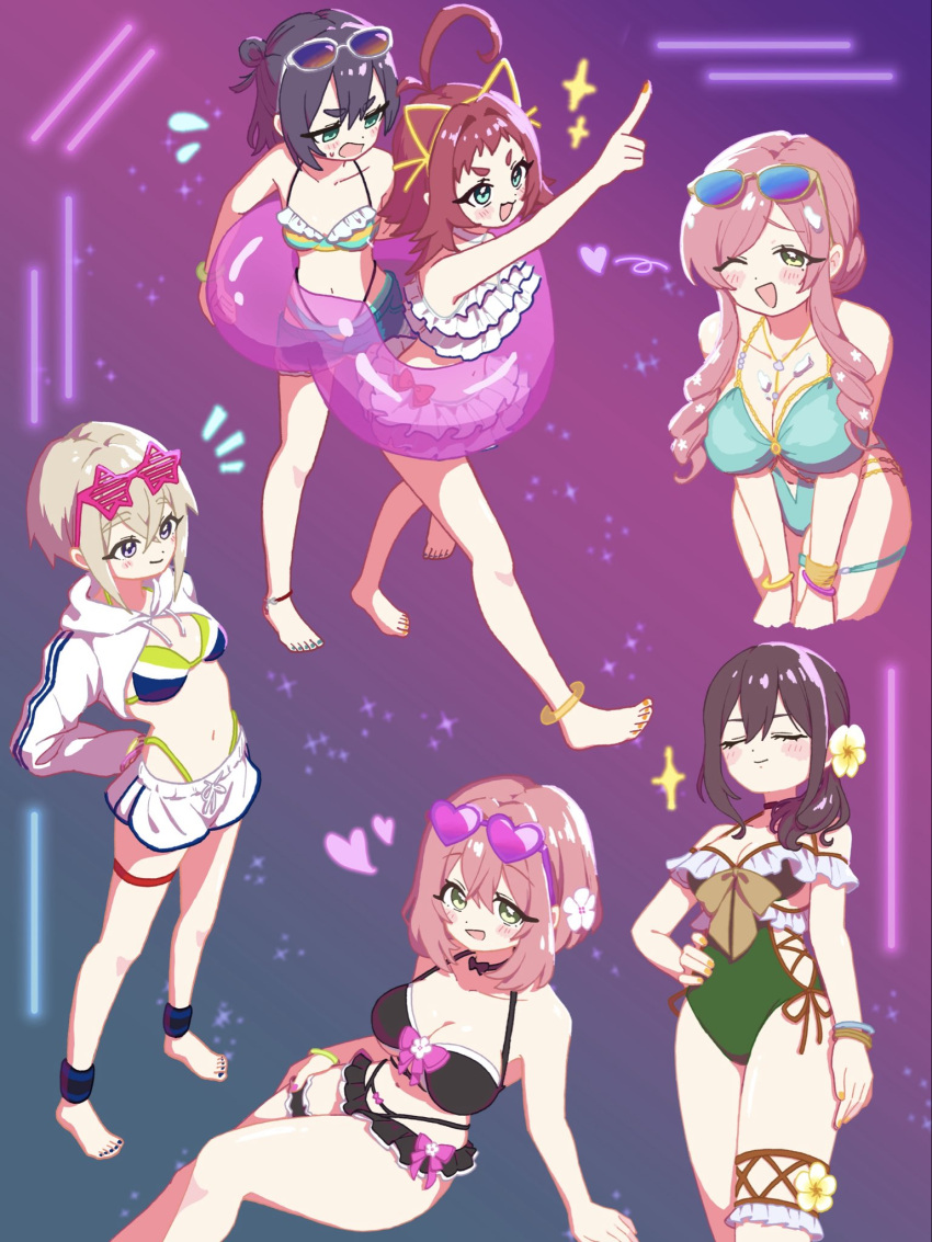 6+girls animal_ears anklet bikini bikini_skirt black_bikini black_choker black_hair blonde_hair blush bow bow_bikini bracelet breasts brown_hair cat_ears cat_girl chain choker cleavage closed_eyes closed_mouth clothing_cutout collarbone commentary cross-laced_clothes cross-laced_one-piece_swimsuit crossed_bangs denim denim_shorts dolphin_shorts drawstring drill_hair drill_sidelocks eyewear_on_head fake_animal_ears flipped_hair flower flying_sweatdrops food_on_body food_on_breasts frilled_bikini frilled_one-piece_swimsuit frilled_thigh_strap frills gold_anklet gold_chain gradient-tinted_eyewear gradient_background green_eyes green_one-piece_swimsuit grey-framed_eyewear hair_between_eyes hair_bun hair_flower hair_ornament hanazono_hahari hanazono_hakari haraga_kurumi heart heart-shaped_eyewear highleg highleg_bikini highres hip_vent hooded_shrug innertube jewelry kimi_no_koto_ga_dai_dai_dai_dai_daisuki_na_100-nin_no_kanojo leaning_forward long_sleeves loving_aura low_side_ponytail mamesuki meido_mei mole mole_under_eye multiple_bracelets multiple_girls nail_polish navel neon_lights off-shoulder_one-piece_swimsuit off_shoulder official_alternate_costume official_alternate_hairstyle one-piece_swimsuit one_eye_closed parted_bangs pink-framed_eyewear pink_bow pointing purple-framed_eyewear purple_eyes red_bow short_bangs short_eyebrows short_hair_with_long_locks short_shorts shorts shrug_(clothing) side_ponytail sidelocks single_hair_bun single_side_bun smile sparkle standing star-shaped_eyewear star_(symbol) stomach stomach_cutout striped_bikini striped_clothes sunglasses sutou_iku sweatband swim_ring swimsuit thick_eyebrows thigh_strap tinted_eyewear toenail_polish toenails untranslatable_commentary white_bikini white_choker white_flower white_shorts white_shrug yakuzen_kusuri yellow-framed_eyewear