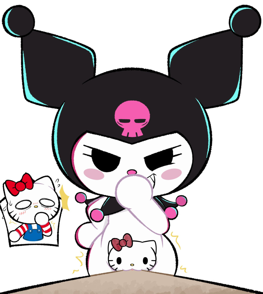 2026 anthro black_eyes blush blush_lines clothed clothing digital_media_(artwork) domestic_cat duo eyelashes fatalafterdark felid feline felis female fur furniture genitals hello_kitty_(character) hello_kitty_(series) hi_res hood kuromi lagomorph leporid looking_at_viewer mammal meme onegai_my_melody overalls pattern_clothing pattern_shirt pattern_topwear pointy_ears prick_ears pussy-cat_(meme) rabbit sanrio shirt shocked simple_background smile smiling_at_viewer striped_clothing striped_shirt striped_topwear stripes table topwear vulva white_background white_body white_eyes white_fur wide_hips
