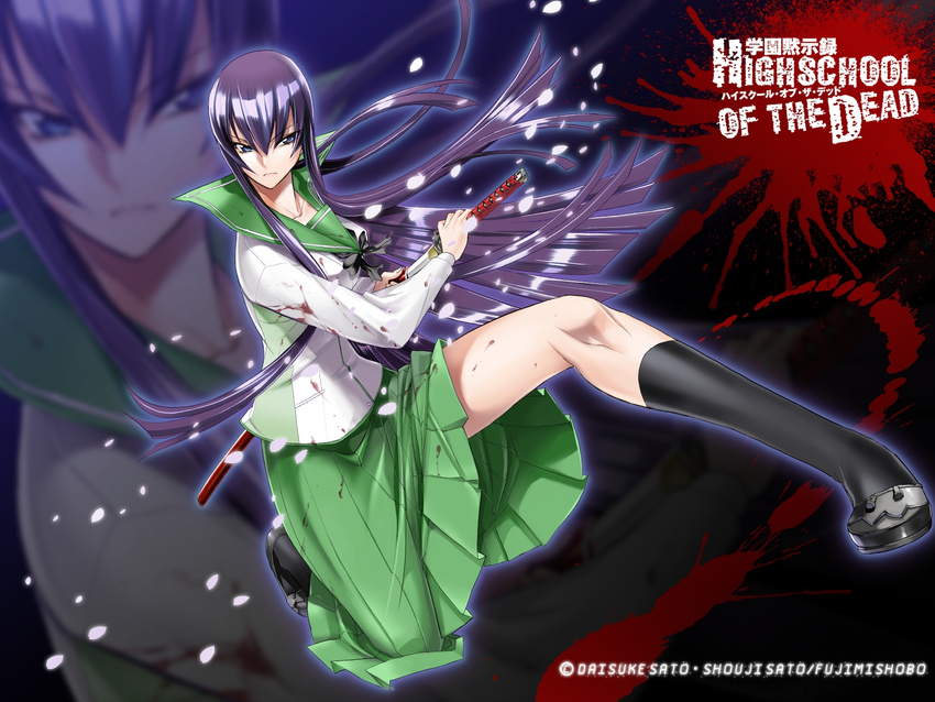 blood blue_eyes breasts busujima_saeko cleavage highres highschool_of_the_dead katana large_breasts legs long_hair purple_hair satou_shouji scan school_uniform sheath skirt solo sword unsheathing wallpaper weapon zoom_layer