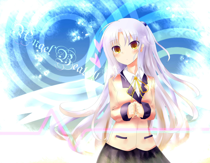 absurdres angel_beats! blazer e-co heart highres jacket long_hair pleated_skirt purple_hair school_uniform skirt solo tenshi_(angel_beats!) wings yellow_eyes