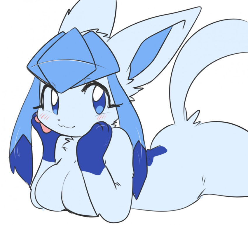 2020 :3 anthro blush blush_lines breasts cat_smile digital_media_(artwork) eeveelution eyelashes featureless_breasts female generation_4_pokemon glaceon hand_on_cheek inner_ear_fluff joeri_kunisaki looking_aside looking_aside_at_viewer looking_at_viewer lying nintendo on_front pawpads pokemon pokemon_(species) simple_background smile solo tail_base_tuft three-quarter_view tuft white_background