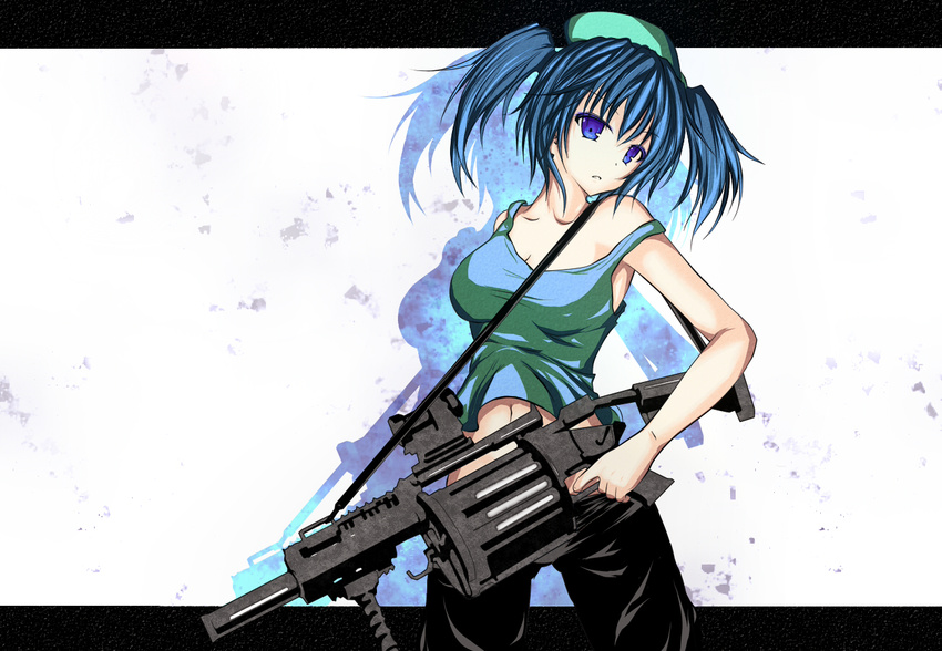 aqua_eyes aqua_hair bad_id bad_pixiv_id blue_hair breasts cleavage grenade_launcher gun hat kawashiro_nitori large_breasts letterboxed midriff milkor_mgl navel off_shoulder outside_border purple_eyes sling solo takiteru tank_top touhou vertical_foregrip weapon