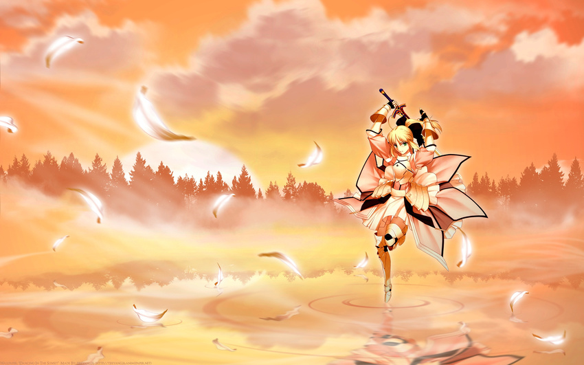 armor blonde_hair clouds fate/stay_night green_eyes orange saber_lily sword water weapon