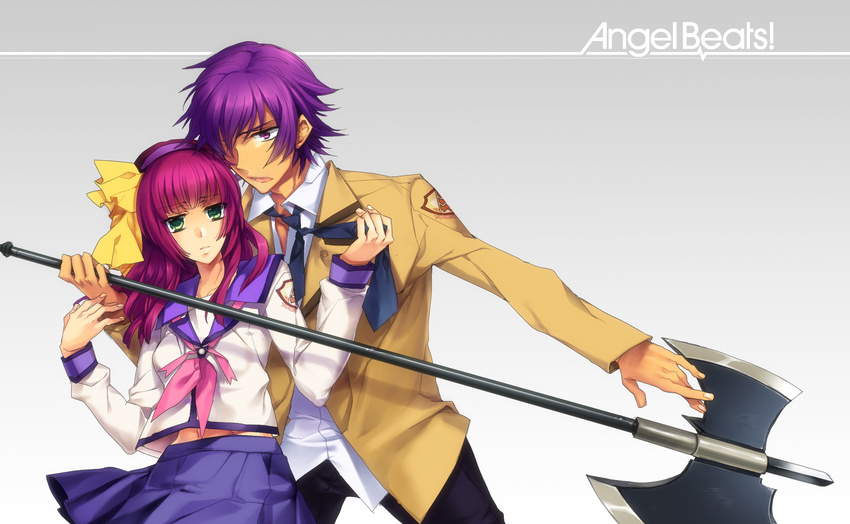 angel_beats! green_eyes long_hair nakamura_yuri noda ribbons seifuku short_hair skirt tie weapon