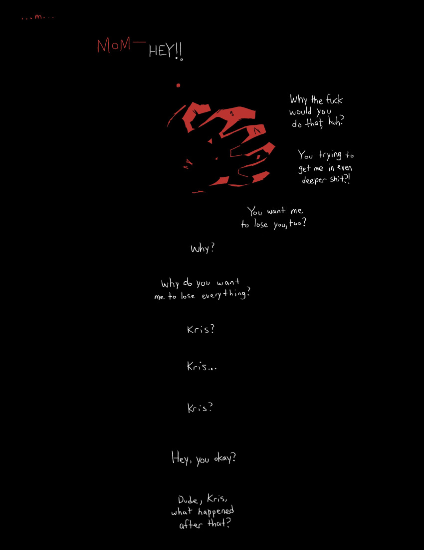2026 absurd_res ambiguous/ambiguous ambiguous_form ambiguous_gender black_background comic covering covering_mouth december_holiday deltarune dialogue digital_drawing_(artwork) digital_media_(artwork) english_text female_(lore) hi_res impwolf666 kris_dreemurr lonely mostly_offscreen_character not_furry profanity questionable_consent scared simple_background solo speech_bubble talking_to_another text undertale_(series) young_(lore)