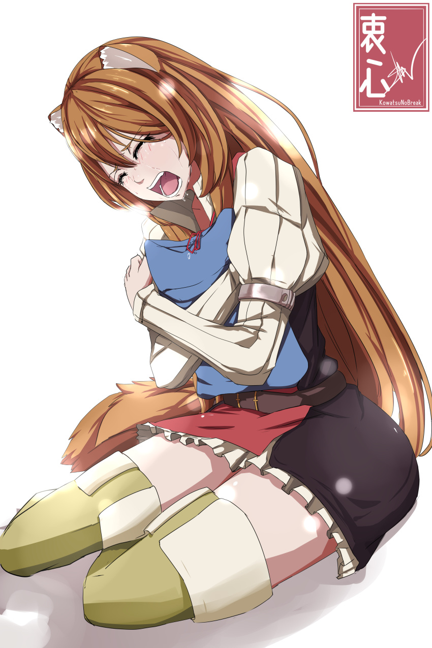 1girl absurdres animal_ear_fluff animal_ears artist_name belt black_dress boots brown_belt brown_boots brown_hair collared_dress commentary crying dress full_body hair_between_eyes high_collar highres holding kowatsu_no_break layered_dress long_hair long_sleeves metal_arm_cuffs neck_ribbon object_request open_mouth pinstripe_dress pinstripe_pattern raccoon_ears raccoon_girl raccoon_tail raphtalia red_dress red_ribbon ribbon short_dress signature simple_background sitting sleeveless sleeveless_dress solo straight_hair tail tanuki tate_no_yuusha_no_nariagari teeth thick_thighs thigh_boots thighs tongue two-tone_dress watermark white_background white_dress wide_hips wide_mouth zettai_ryouiki
