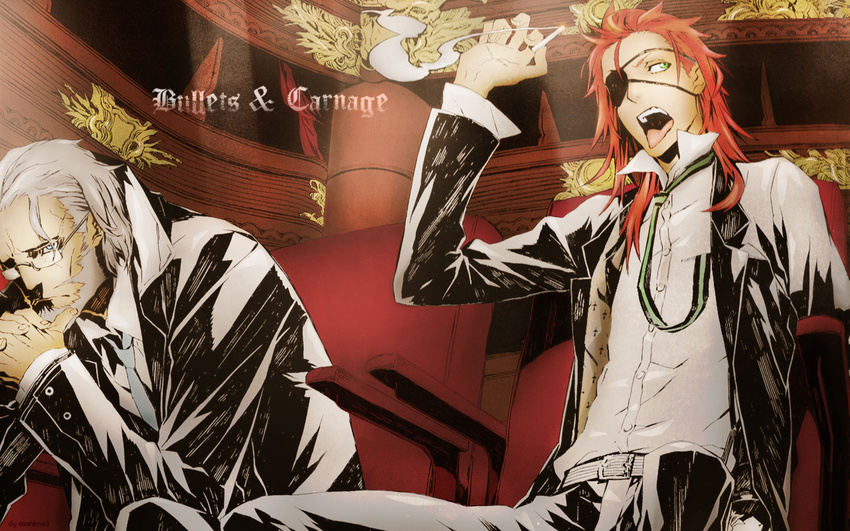 badou_nails cigarette dogs:_bullets_&amp;_carnage glasses green_eyes long_hair male mihai_mihaeroff redhead short_hair white_hair