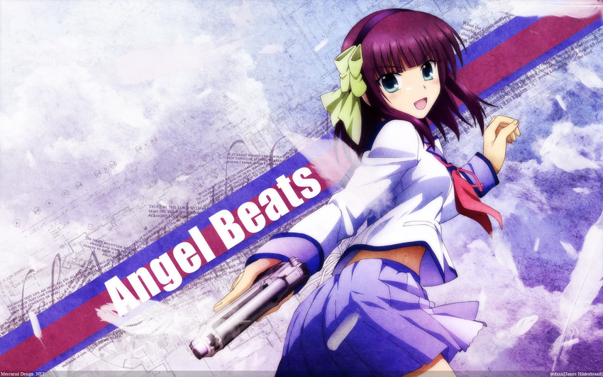 angel_beats! blue_eyes gun nakamura_yuri purple_hair ribbons seifuku short_hair skirt weapon