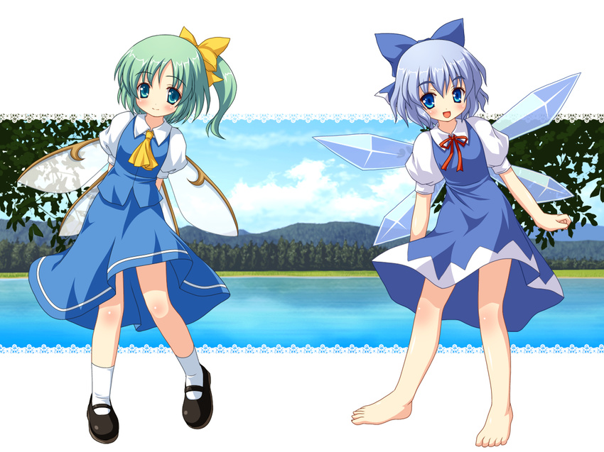 aqua_eyes barefoot blue_eyes blue_hair cirno daiyousei dress feet green_hair hair_ribbon lake landscape mary_janes multiple_girls ribbon shoes side_ponytail touhou wings yamasan