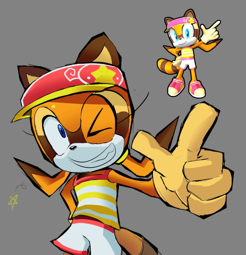 1girl animal_ears blue_eyes brown_fur brown_gloves furry furry_female gloves grey_background grin highres marine_the_raccoon official_alternate_costume one_eye_closed raccoon_ears raccoon_girl raccoon_tail reference_inset rocketrrush shirt short_shorts shorts sleeveless sleeveless_shirt smile sonic_(series) sonic_speed_simulator striped_clothes striped_shirt tail two-tone_shirt white_shirt white_shorts yellow_shirt