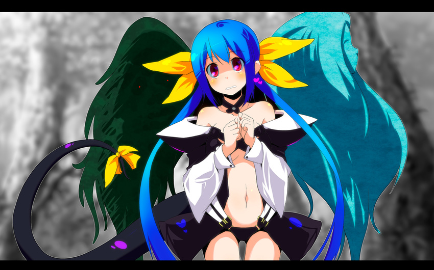 asymmetrical_wings bangs bare_shoulders blue_hair blush bow breasts choker cleavage detached_sleeves dizzy guilty_gear hair_bow long_hair medium_breasts navel necro_(guilty_gear) red_eyes ribbon sw tail tail_ribbon twintails undine_(guilty_gear) wings