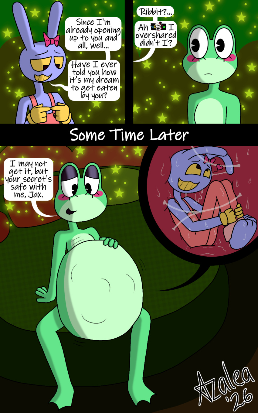 2026 5:8 amphibian anthro belly big_belly bodily_fluids caine_censorship censor_bar censored_speech censored_text clothed clothing comic dialogue dialogue_box digital_media_(artwork) endo endosoma english_text female flamingazalea frog glitch_productions gloves grawlixes green_body handwear hi_res internal jax_(tadc) lagomorph leporid mammal name_in_dialogue open_mouth oral_vore organs purple_body rabbit ribbit_(tadc) safe_vore soft_vore speech_bubble spoiler stomach talking_to_another text the_amazing_digital_circus trans_(lore) trans_woman_(lore) vore vore_request willing_prey