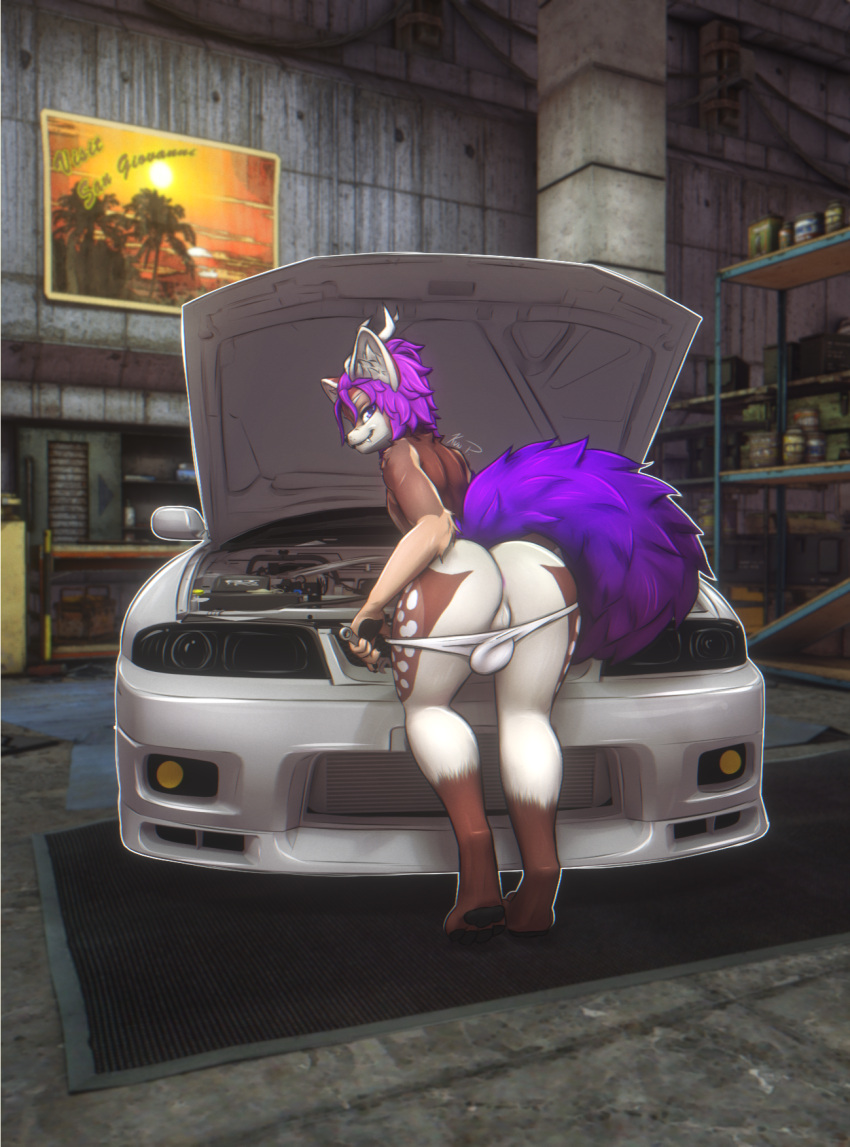 anthro butt car car_trunk deer femboy hi_res hybrid kvnpoulsen leaning leaning_forward looking_back male mammal solo vehicle