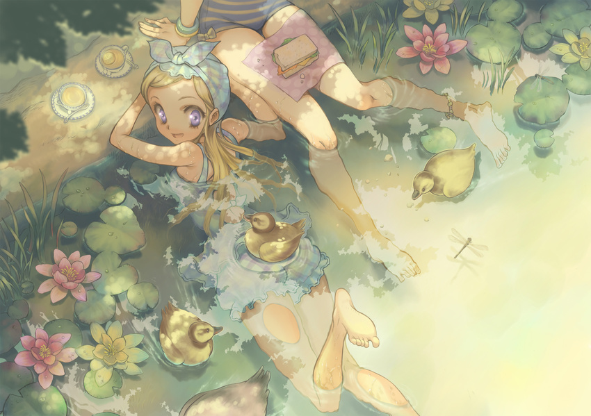 anklet bad_id bad_pixiv_id bare_legs bare_shoulders barefoot bird blonde_hair bug casual_one-piece_swimsuit cup dragonfly duck feet flower food from_above head_scarf highres insect jewelry lily_pad long_hair looking_back lotus multiple_girls nature one-piece_swimsuit open_mouth original partially_submerged purple_eyes sandwich sitting smile soaking_feet soles swimsuit tairano_juuichi teacup toes tree_shade water