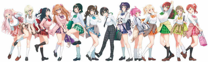 6+girls absurdres ahoge asaka_karin bag bespectacled black_hair black_necktie black_pants black_socks blonde_hair blue_bow blue_bowtie blue_eyes blue_scrunchie blue_skirt blush bow bowtie brown_hair cardigan cardigan_around_waist clothes_around_waist collared_shirt commentary_request full_body glasses green_bow green_bowtie green_hair green_skirt grey_bow grey_bowtie grey_skirt gyaru gyarugasaki hair_bow hair_ornament hair_over_one_eye hair_scrunchie highres holding holding_bag kneehighs kogal konoe_kanata loafers long_hair looking_at_viewer loose_socks love_live! love_live!_nijigasaki_high_school_idol_club mia_taylor mifune_shioriko miniskirt miyashita_ai multiple_girls necktie official_alternate_costume official_alternate_hairstyle open_collar orange_bow orange_bowtie orange_eyes orange_skirt osaka_shizuku pants pink_bow pink_bowtie pink_hair pink_scrunchie pink_shirt pink_skirt pleated_skirt ponytail purple_bow purple_bowtie purple_eyes purple_skirt red_bow red_bowtie red_eyes red_scrunchie red_skirt sankuro_(agoitei) school_bag scrunchie shirt shoes short_hair side_ponytail simple_background skirt smile socks standing stuffed_animal stuffed_panda stuffed_toy takasaki_yu tennoji_rina twintails white_background white_shirt white_socks wrist_scrunchie yuki_setsuna zhong_lanzhu