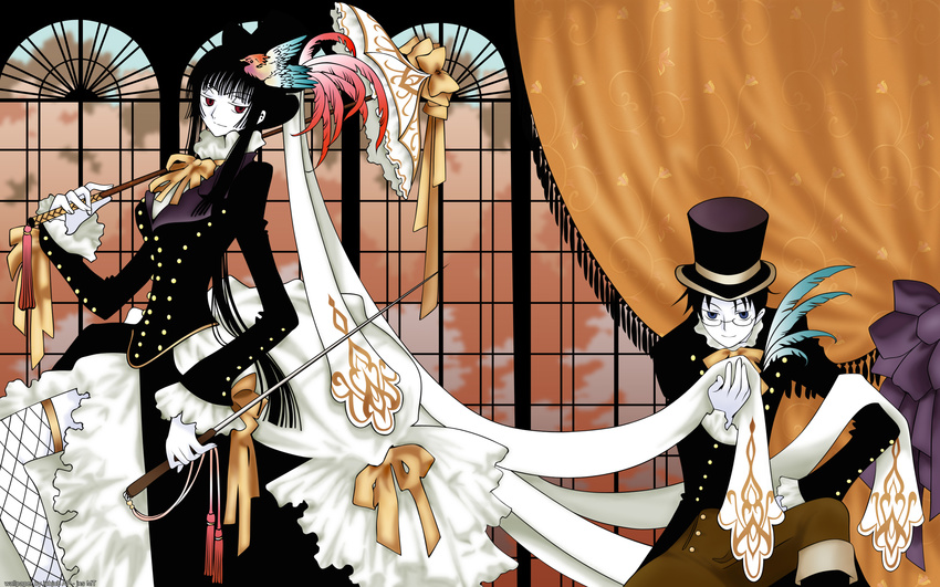 black_hair blue_eyes bow clamp feathers glasses hat ichihara_yuuko red_eyes umbrella watanuki_kimihiro xxxholic