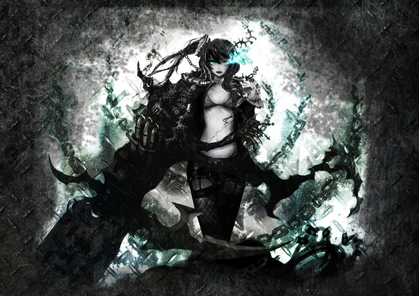absurdres aqua_eyes bikini_top black_hair black_rock_shooter black_rock_shooter_(character) burning_eye chain dead_master fishnets fusion glowing glowing_eyes highres huge_weapon long_hair moekyon navel open_mouth scar short_shorts shorts skull solo stitches thighhighs twintails uneven_twintails weapon