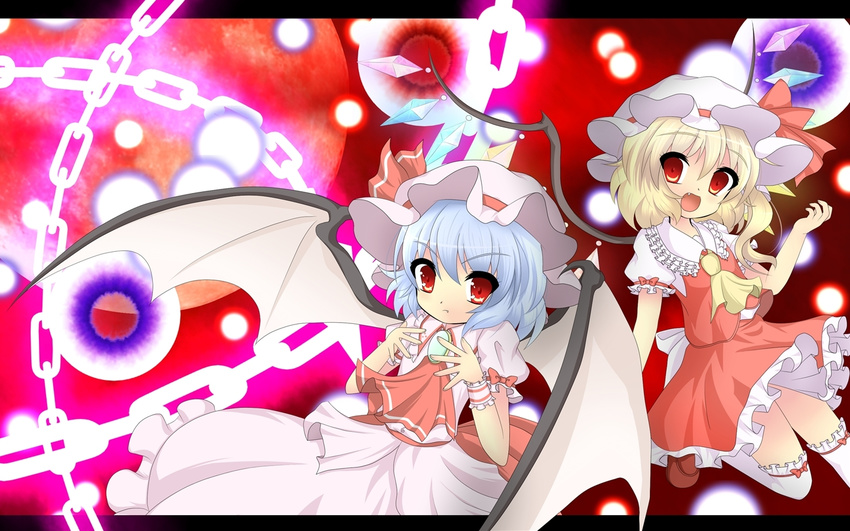 ascot blonde_hair blue_hair chain danmaku fang flandre_scarlet hat kumatoshi multiple_girls red_eyes remilia_scarlet siblings sisters thighhighs touhou wallpaper wings