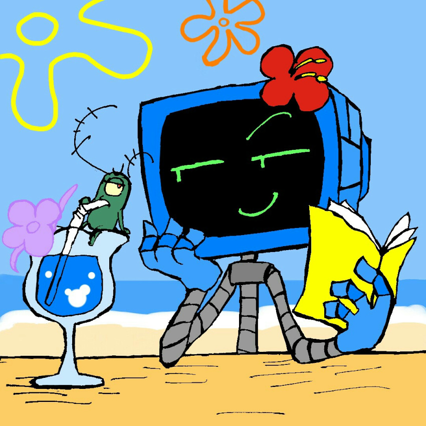 1:1 aquatic beverage book canon_couple cyclops drinking duo female flower flower_cloud_(spongebob) for_a_head husband_and_wife isakiv karen_plankton male male/female married_couple nickelodeon object_head plankton_(species) plant red_flower sand screen screen_face screen_head sheldon_j._plankton smile spongebob_squarepants