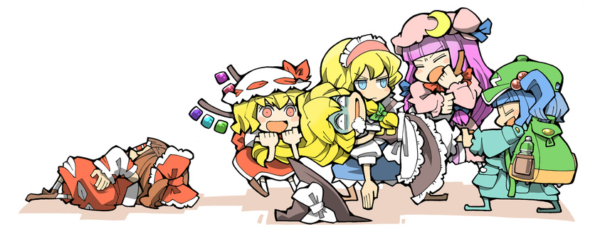 alice_margatroid asphyxiation bad_id bad_pixiv_id blonde_hair flandre_scarlet foaming_at_the_mouth hakurei_reimu hounori human_tug_of_war kawashiro_nitori kirisame_marisa multiple_girls patchouli_knowledge pulling strangling touhou tug_of_war two_side_up