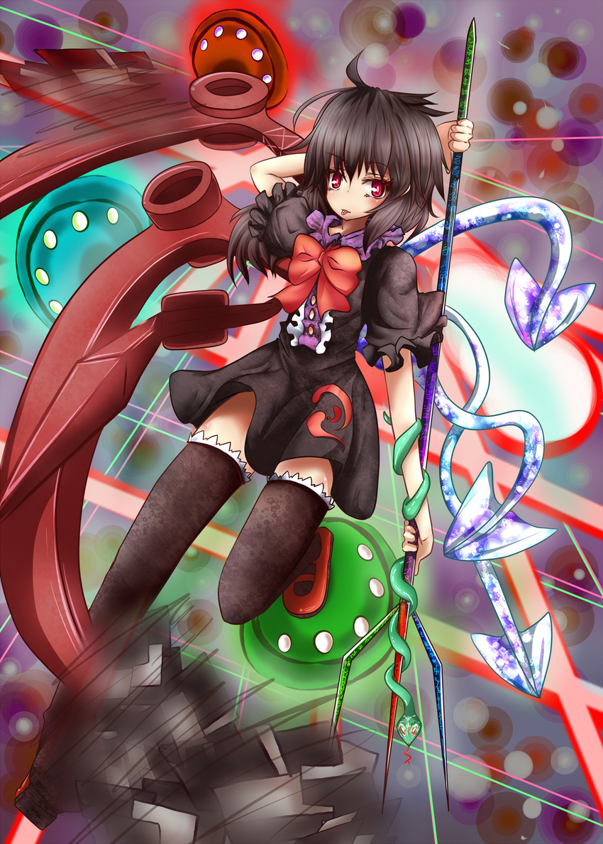 black_hair black_legwear bow haru_ion highres houjuu_nue long_hair polearm red_eyes short_hair snake solo thighhighs tongue touhou trident ufo weapon wings zettai_ryouiki