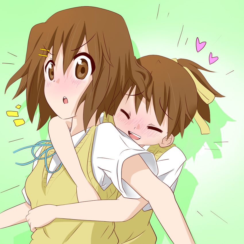 blush brown_eyes brown_hair closed_eyes glomp hamioura hirasawa_ui hirasawa_yui hug k-on! multiple_girls ponytail school_uniform short_hair siblings sisters surprised