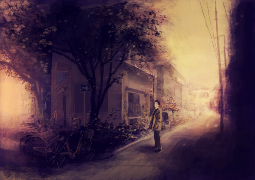 bad_id bad_pixiv_id bicycle bicycle_basket black_hair building coat ground_vehicle hands_in_pockets house jw_(pixiv) male_focus original outdoors pants power_lines road road_sign sepia sign sky solo standing sunset tree