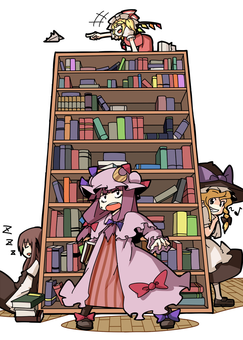 4girls :d :o ^_^ apron armband bat_wings blonde_hair book book_stack bookshelf bow braid capelet closed_eyes crescent dress dress_shirt drooling epurasu flandre_scarlet grin hair_bow hair_ribbon hat hat_bow head_wings hiding highres holding holding_book juliet_sleeves kirisame_marisa koakuma long_hair long_sleeves mob_cap multiple_girls musical_note open_mouth paper_airplane patchouli_knowledge puffy_sleeves purple_hair red_hair ribbon shirt shoes short_hair side_braid side_ponytail sidelocks simple_background single_braid sitting skirt skirt_set sleeping smile standing striped striped_dress touhou tress_ribbon v-shaped_eyebrows vertical_stripes vest waist_apron white_background wings witch_hat zzz