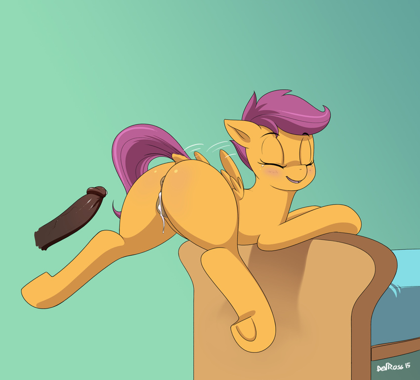 2015 anthro anus blush butt cub cum cum_in_pussy cum_inside devo87 disembodied_penis duo equine eyes_closed female feral friendship_is_magic hair hi_res humanoid_penis male mammal my_little_pony pegasus penis purple_hair pussy scootaloo_(mlp) simple_background smile wings young