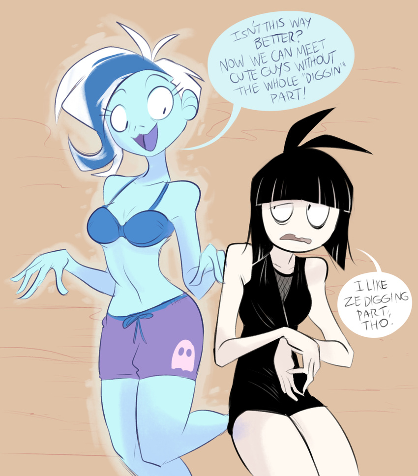 black_hair blue_hair blue_skin breasts cleavage clothed clothing creepy_susie crossover dialogue dress duo english_text female ghost ghoul_school hair herny human mammal multicolored_hair open_mouth pale_skin phantasma_phantom scooby-doo_(series) spirit swimsuit text the_oblongs white_hair