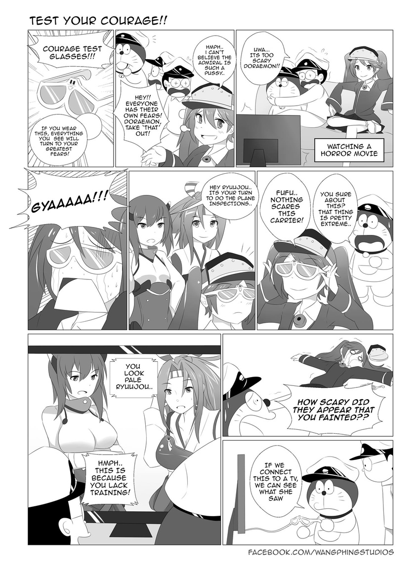 3girls :d alternate_breast_size bell bell_collar collar comic commentary crossover doraemon doraemon_(character) dorayaki english english_commentary foaming_at_the_mouth food glasses greyscale hat headband highres kantai_collection magatama military military_uniform monochrome multiple_girls naval_uniform nobi_nobita non-human_admiral_(kantai_collection) open_mouth peaked_cap ponytail ryuujou_(kantai_collection) smile taihou_(kantai_collection) tears twintails unconscious uniform visor_cap wagashi wangphing zuihou_(kantai_collection)