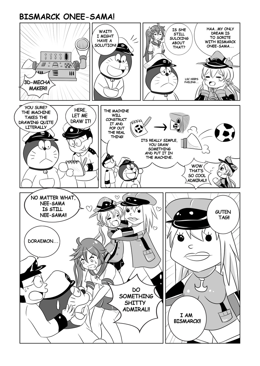 3girls akebono_(kantai_collection) bell bell_collar bismarck_(kantai_collection) collar comic commentary crossover crying doraemon doraemon_(character) english flower flying_sweatdrops glasses greyscale hair_bell hair_flower hair_ornament hat heart highres jingle_bell kantai_collection long_hair military military_uniform monochrome multiple_girls naval_uniform nobi_nobita non-human_admiral_(kantai_collection) peaked_cap pleated_skirt prinz_eugen_(kantai_collection) revision school_uniform serafuku shitty_admiral_(phrase) side_ponytail skirt sweatdrop tearing_up tears tongue tongue_out typo uniform wangphing