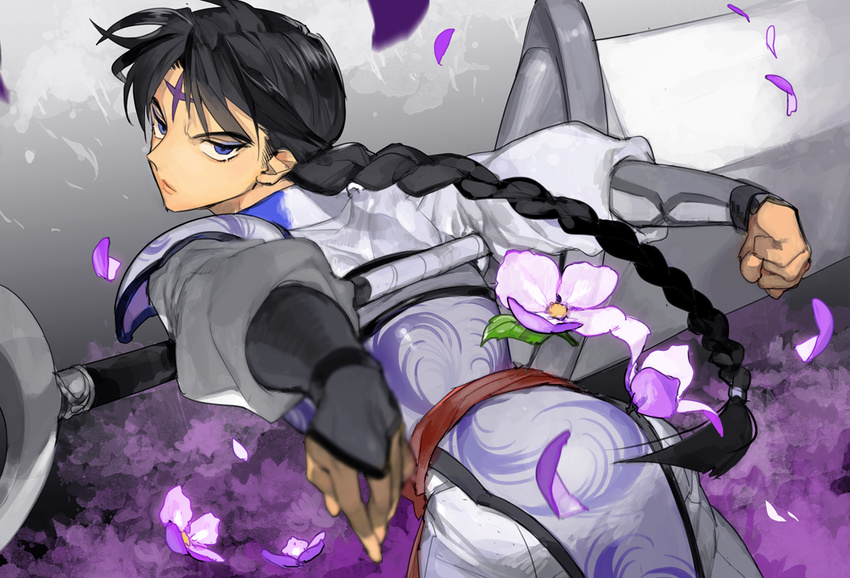 bankotsu_(inuyasha) black_hair blue_eyes braid eyeshadow facial_mark flower forehead_mark inuyasha long_hair long_sleeves looking_at_viewer looking_back makeup male_focus mumu2126 outstretched_arms oversized_object petals puffy_long_sleeves puffy_sleeves single_braid solo sword very_long_hair weapon