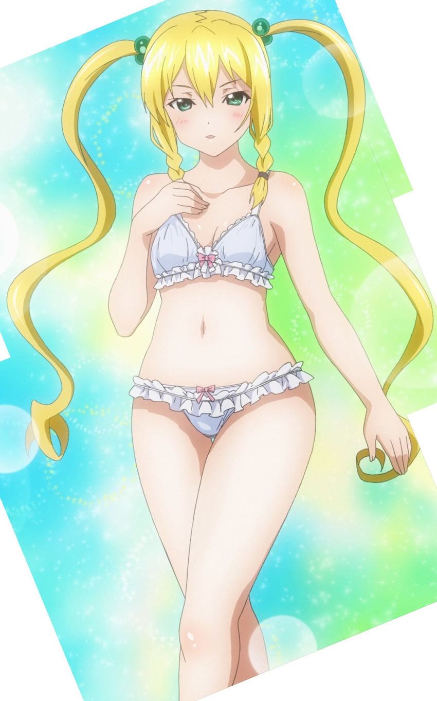 blonde_hair bra flat_chest frills gradient gradient_background green_eyes himegami_kodama lingerie long_hair maken-ki! panties solo standing twintails underwear