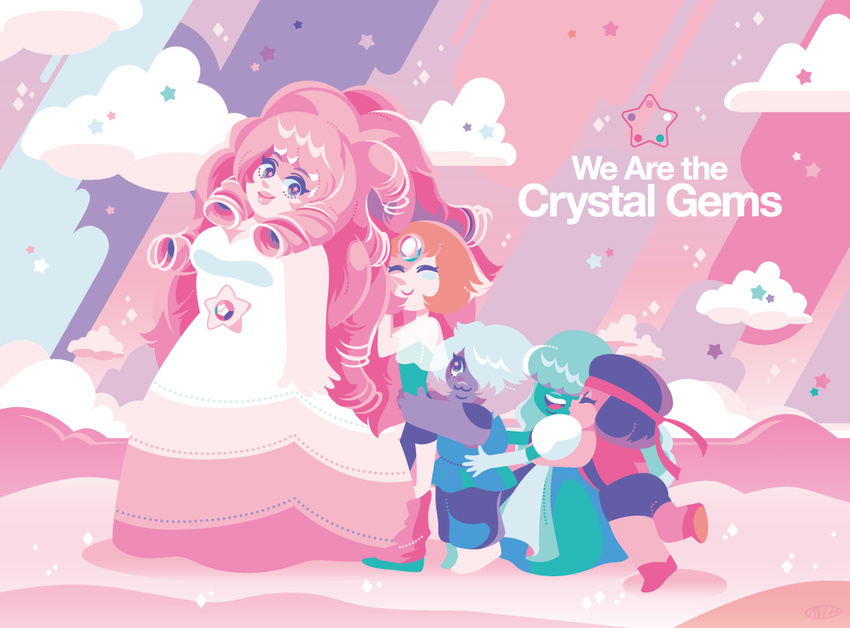 amethyst_(steven_universe) aqua_hair big_hair closed_eyes cloud commentary_request english gloves hair_over_eyes hair_over_one_eye headband lips multiple_girls nitlo open_mouth pearl_(steven_universe) pink_hair purple_hair rose_quartz_universe ruby_(steven_universe) sapphire_(steven_universe) smile spoilers star steven_universe