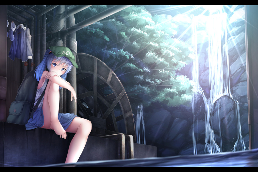 backpack bag bare_arms bare_legs bare_shoulders barefoot blue_eyes blue_hair convenient_censoring forest hair_bobbles hair_ornament hat highres kawashiro_nitori leg_up letterboxed looking_at_viewer machinery nature rerrere revision shirt sitting skirt sleeveless sleeveless_shirt soaking_feet solo sunlight touhou twintails upskirt water waterfall watermill wet