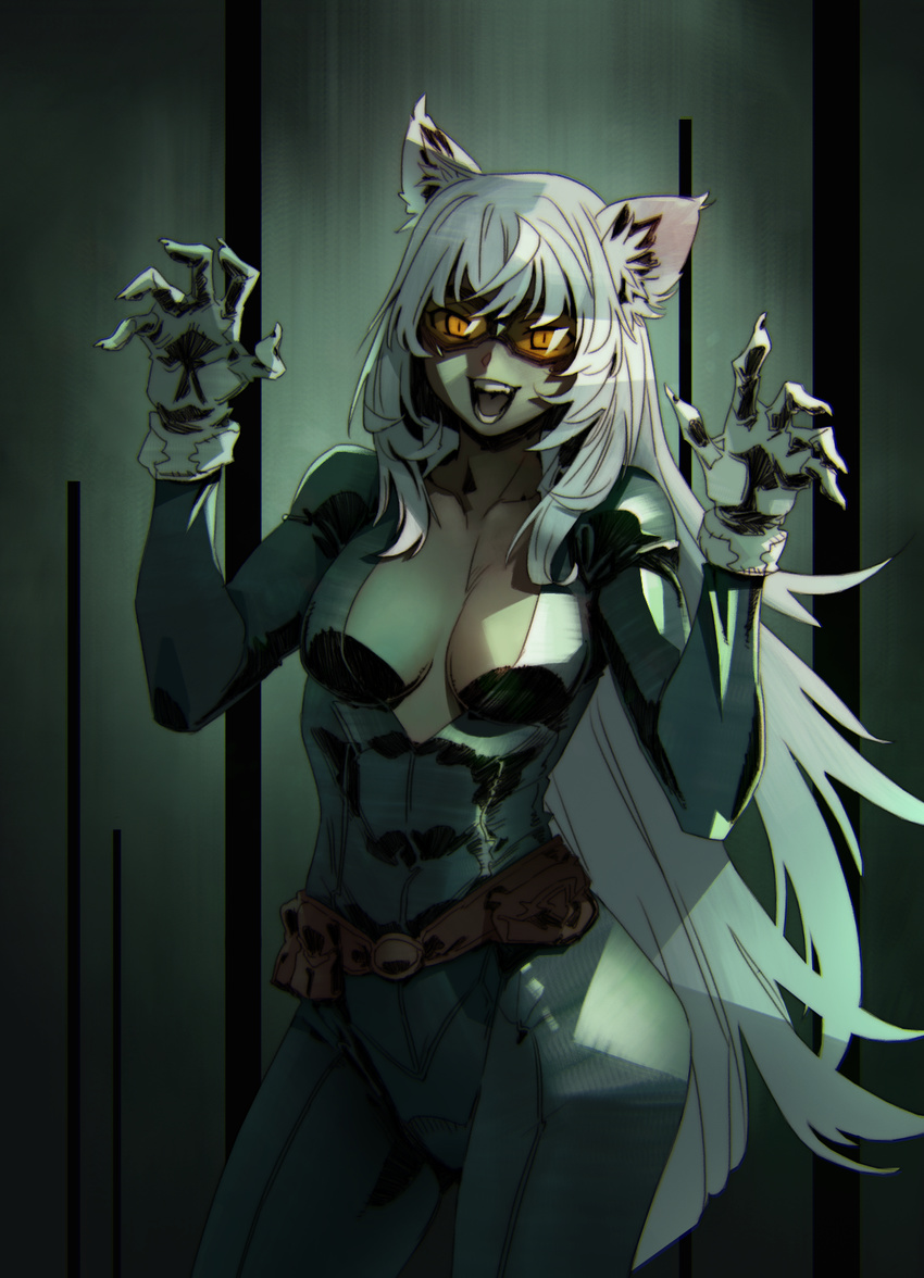 4chan animal_ears archvermin bakemonogatari black_cat_(marvel) black_hanekawa bodysuit breasts cat_ears cleavage cosplay domino_mask gradient gradient_background hanekawa_tsubasa long_hair mask monogatari_(series) solo striped_background white_hair yellow_eyes