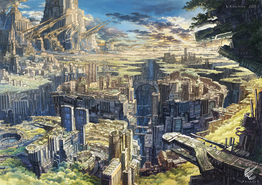 artist_name bridge building canyon cityscape cloud day from_above k_kanehira landscape megastructure no_humans original scenery science_fiction sky tree