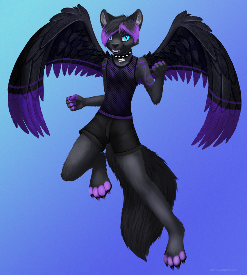 2015 anthro black_feathers black_fur blue_eyes canine clothed clothing collar cute feathers fishnet flying fox fur hair jamesfoxbr looking_at_viewer male mammal multicolored_fur open_mouth outside purple_feathers purple_fur simple_background smile solo teeth tongue two_tone_feathers two_tone_fur wings