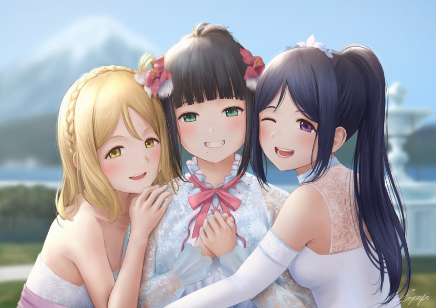 3girls ;d artist_name bangs bare_shoulders black_hair blonde_hair blue_hair blunt_bangs blurry blurry_background blush bow bowtie braid commentary_request crown_braid day detached_sleeves flower fountain frilled_shirt_collar frills green_eyes hair_flower hair_ornament hand_on_another's_shoulder hands_on_own_chest hands_together hug kurosawa_dia lace_trim long_sleeves looking_at_viewer love_live! love_live!_sunshine!! matsuura_kanan mount_fuji multiple_girls ohara_mari one_eye_closed open_mouth outdoors papi_(papiron100) pink_neckwear ponytail purple_eyes red_flower see-through_sleeves smile tiara upper_body white_flower yellow_eyes