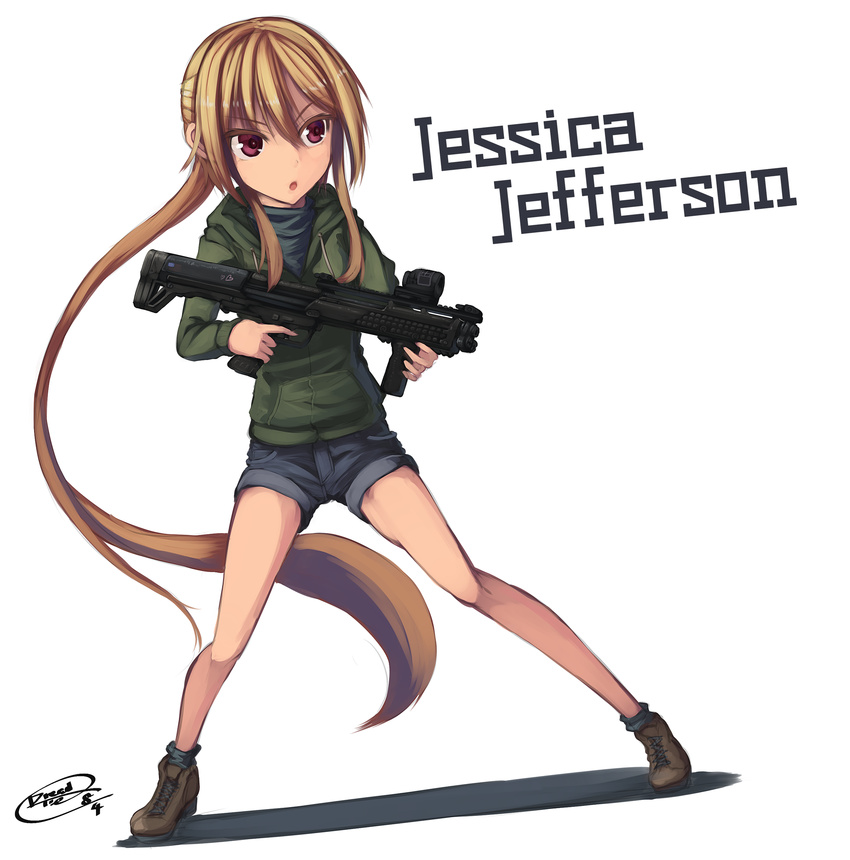 blonde_hair denim denim_shorts dreadtie gun highres hood hood_down hoodie jessica_jefferson kel-tec kel-tec_ksg long_hair original red_eyes reflex_sight shorts solo standing trigger_discipline vertical_foregrip weapon