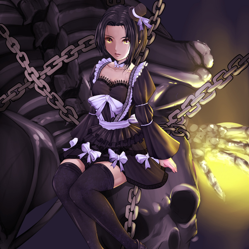 black_hair brown_eyes chain dress gothic_lolita harihisa lolita_fashion original short_hair solo thighhighs