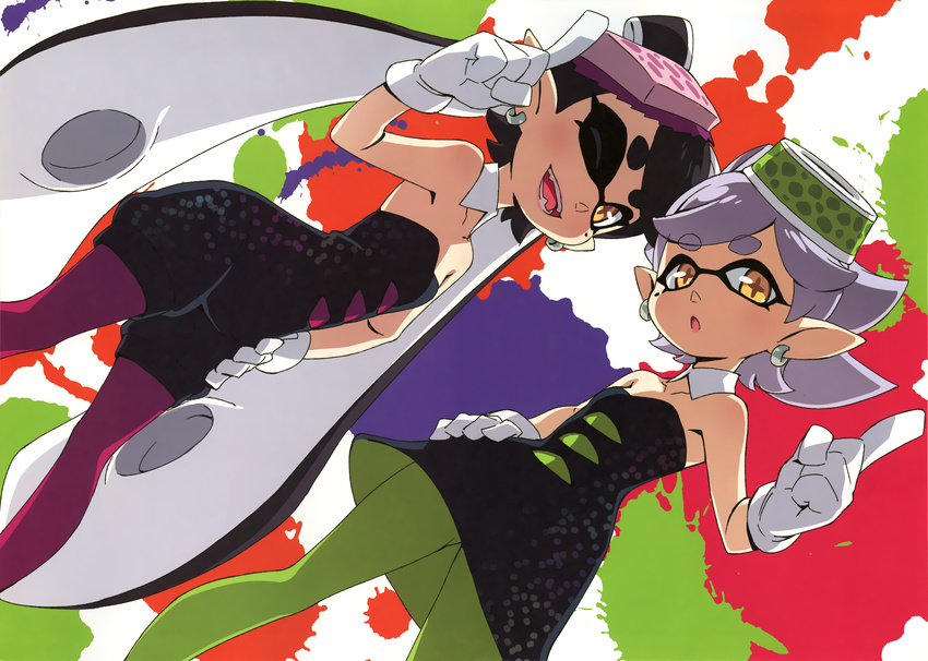 2girls absurdres aori_(splatoon) bare_shoulders black_hair detached_collar domino_mask dress earrings fangs food food_on_head gloves highres hotaru_(splatoon) jewelry kanzaki_hiro long_hair mask mole mole_under_eye multiple_girls object_on_head open_mouth pantyhose pointy_ears short_hair short_jumpsuit silver_hair smile splatoon_(series) splatoon_1 sushi symbol-shaped_pupils tentacle_hair yellow_eyes