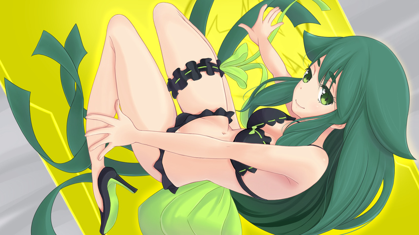 bare_shoulders bikini black_bikini bow breasts frilled_bikini frills gatchaman gatchaman_crowds gradient gradient_background green_eyes green_hair high_heels large_bow leg_garter long_hair solo swimsuit utsutsu very_long_hair