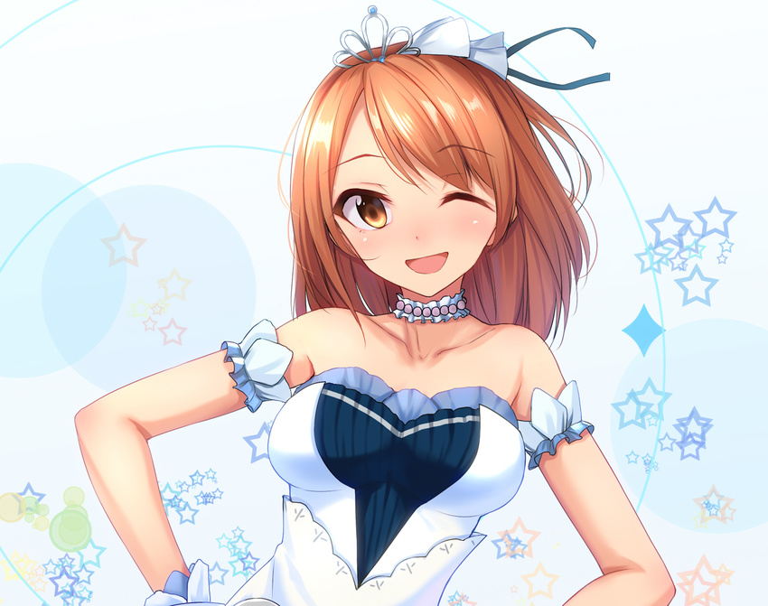 ;d blush brown_eyes brown_hair choker commentary_request crown dress hair_ribbon highres houjou_karen idolmaster idolmaster_cinderella_girls idolmaster_cinderella_girls_starlight_stage jewelry long_hair looking_at_viewer one_eye_closed open_mouth ribbon smile solo starry_sky_bright yuki_usagi_(mofurafu)