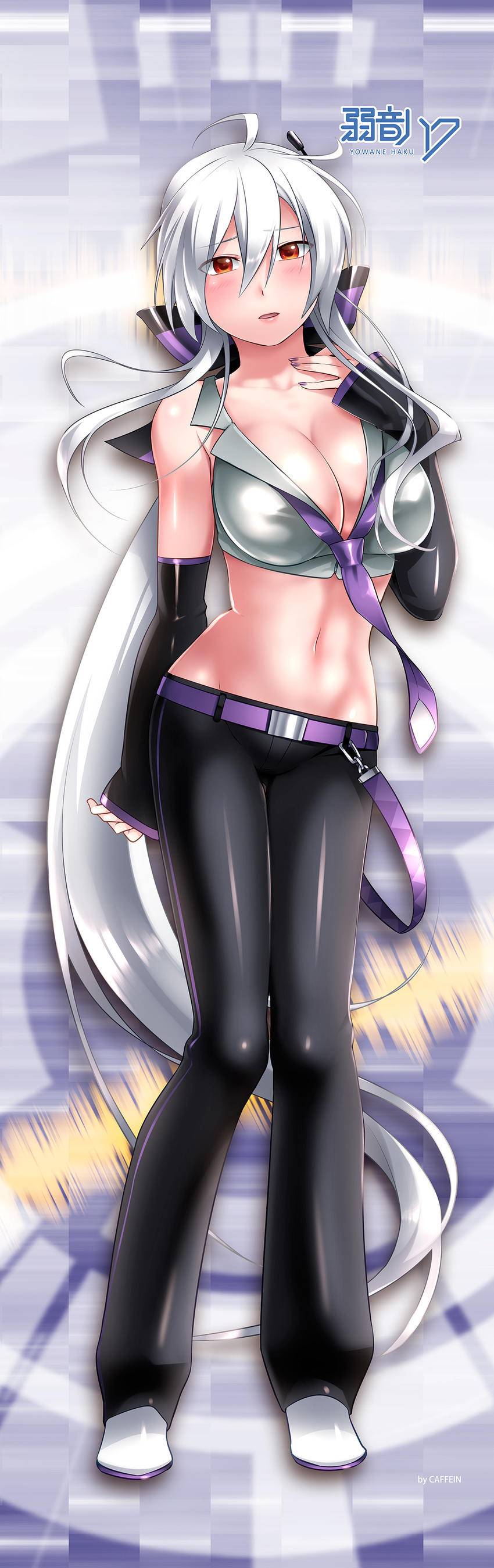 absurdres ahoge belt blush breasts caffein cleavage commentary_request detached_sleeves headphones highres large_breasts long_hair looking_at_viewer midriff nail_polish necktie pants ponytail red_eyes ribbon sidelocks silver_hair solo very_long_hair vocaloid voyakiloid yowane_haku